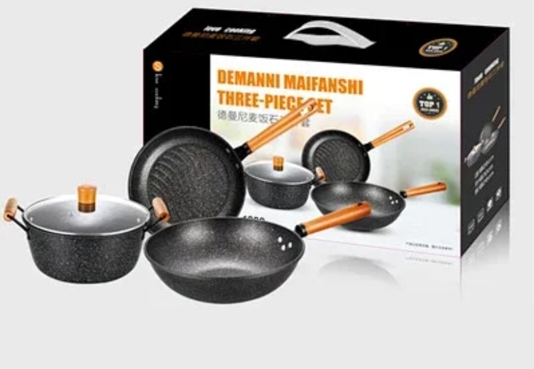 Damanni 3pcs cooking pots set (pot 26cm, grill pan 26cm, wok pan 30cm, + lid26cm