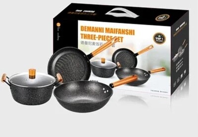 Damanni 3pcs non stick cooking pots set pot 26cm, grill pan 26cm, wok pan 30cm, + lid26cm