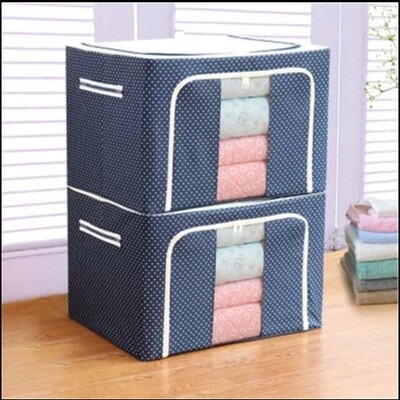 Stackable foldable children clothes storage bag toys bag. Waterproof. L60x42x40cm 60litres. Navy Blue with polka dots
