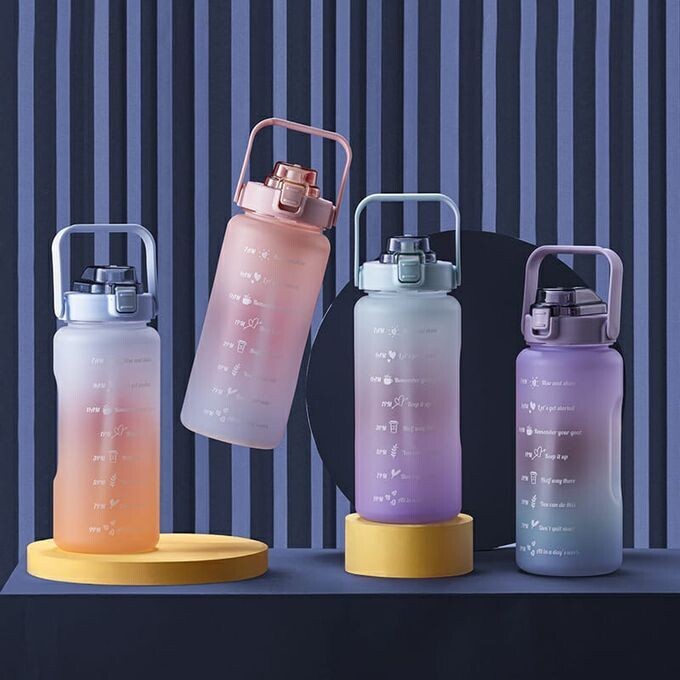 Generic 2L Motivational Tumbler H20 Water Bottle With Time Marker &amp; Straw (Green &amp; Purple)
