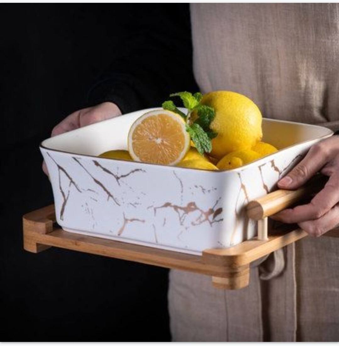 Large Serving Bowl Set with Wooden Stand - Nordic Square Fruit Plate and Dessert Bow
