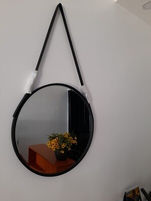 Mirror black 55X55cm with hanging leather strap #P002