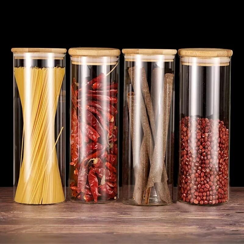 Generic Glass Spaghetti Cereal Container/Spice Jar+Airtight bamboo Lid