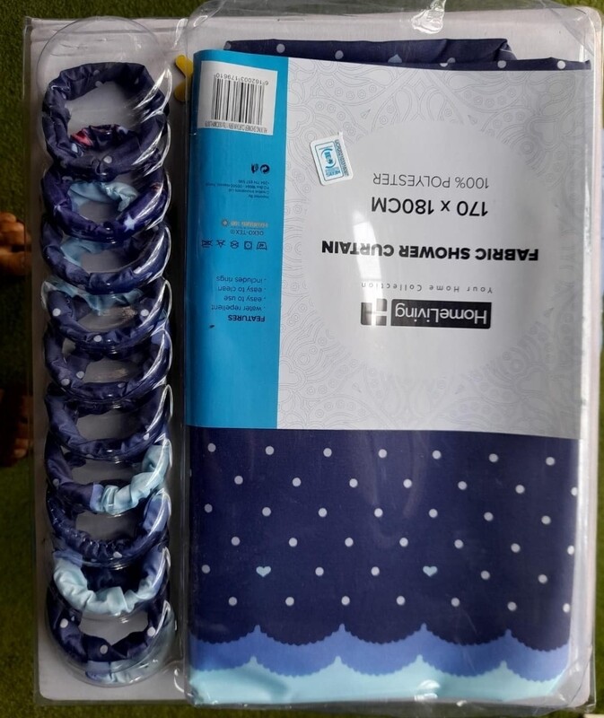 Home &amp; Living Navy Blue Patterned Shower Curtain 170x180CM With Rings