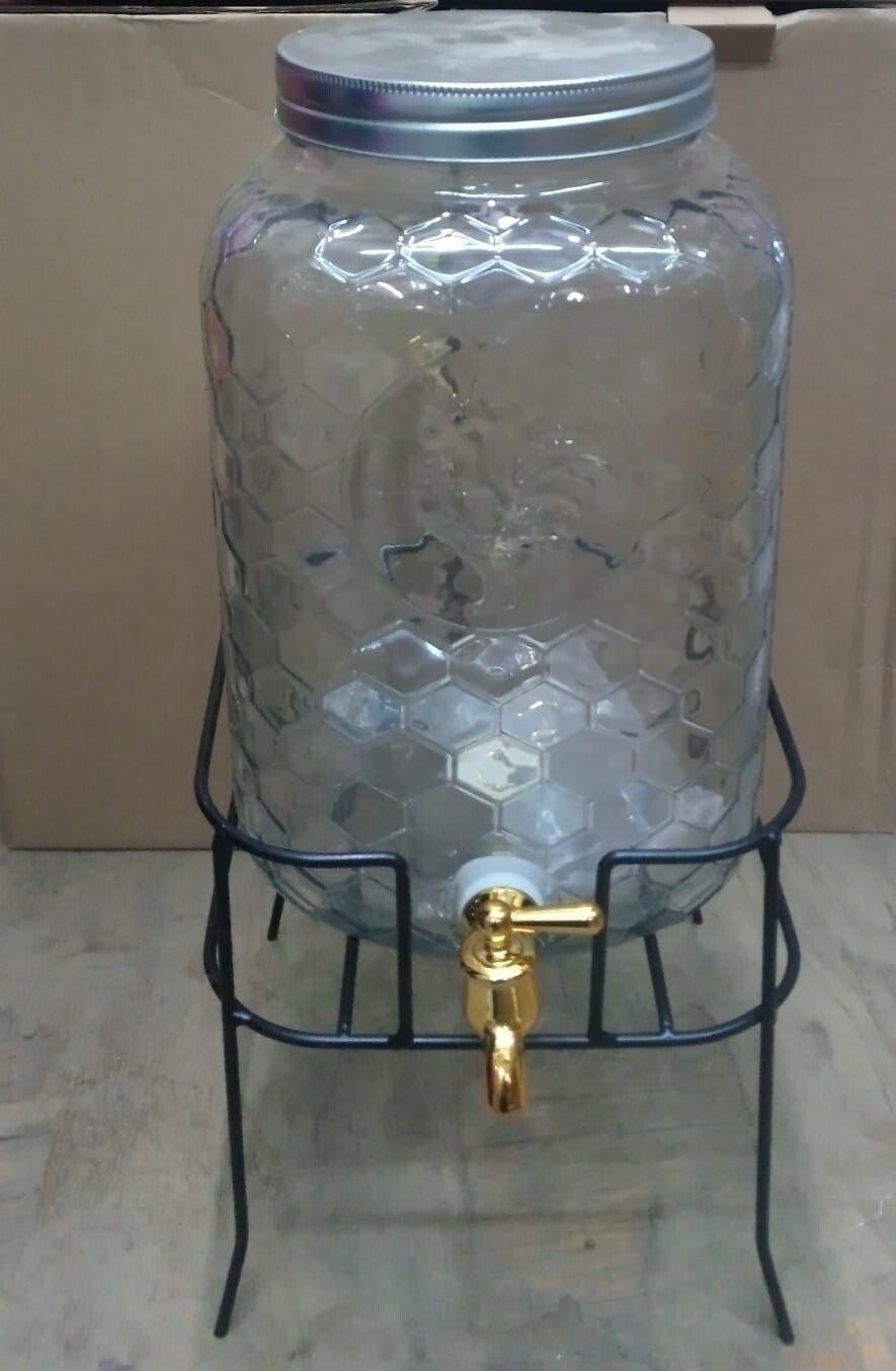 Glass juice dispenser with stainless steel stand & gold tap.8 Litres