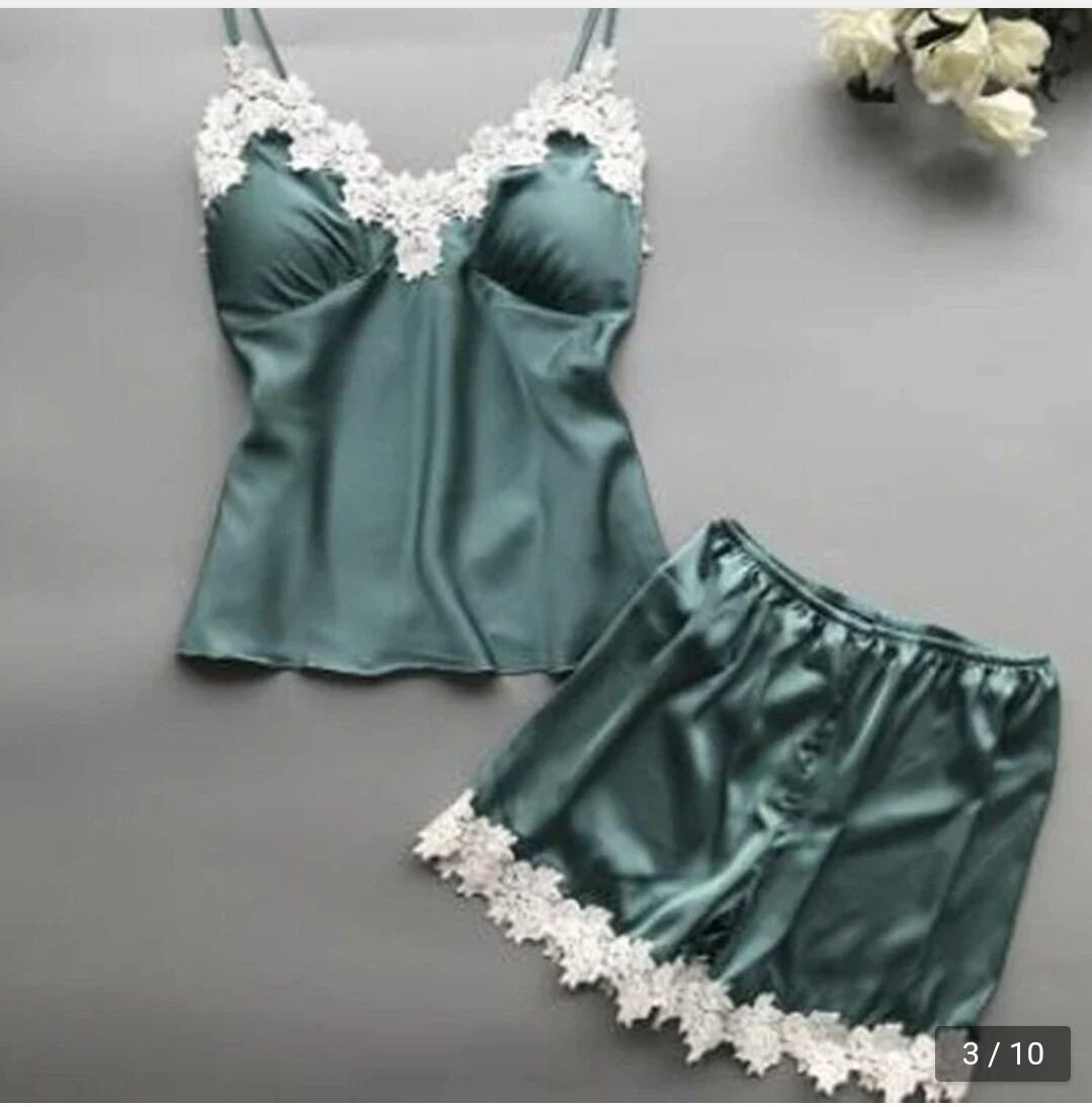 Silk Sexy Lingerie set 2pcs set. Size S to XXL, Sexy Lingerie Sleepwear, shorts GreenB