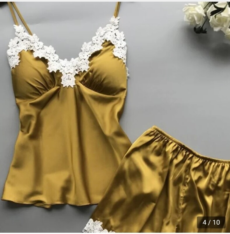 Silk Lingerie set 2pcs set. Size S to XXL,  Sleepwear, shorts Green