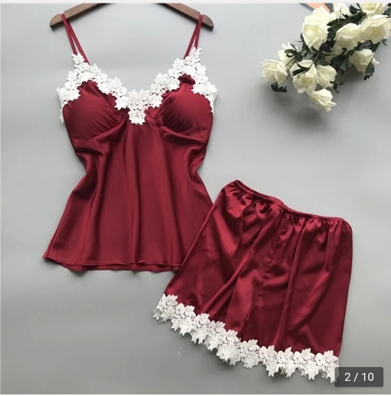 Silk Lingerie set 2pcs set. Size S to XXL,  Sleepwear, shorts Maroon
