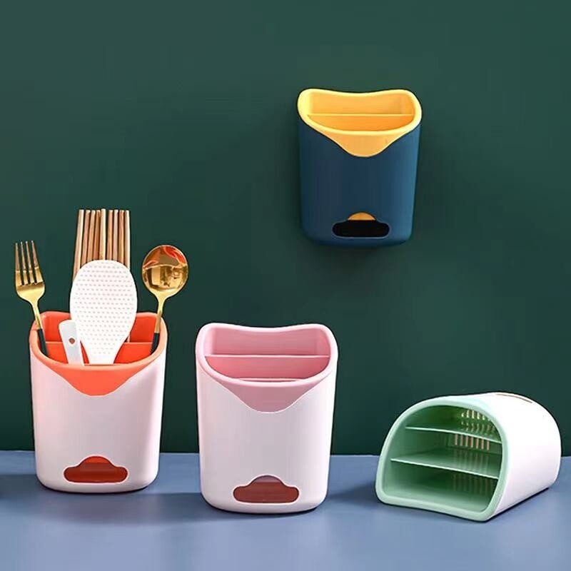 Plastic Cutlery holder with 3 slots &amp; drainer &amp; Comes with adhesive stickers