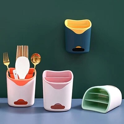 Plastic Cutlery holder with 3 slots & drainer & Comes with adhesive stickers
