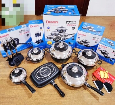 Dessini Regina 23 pcs die cast & non stick cookware set with double grill pan. kitchen tools and mittens BLACK