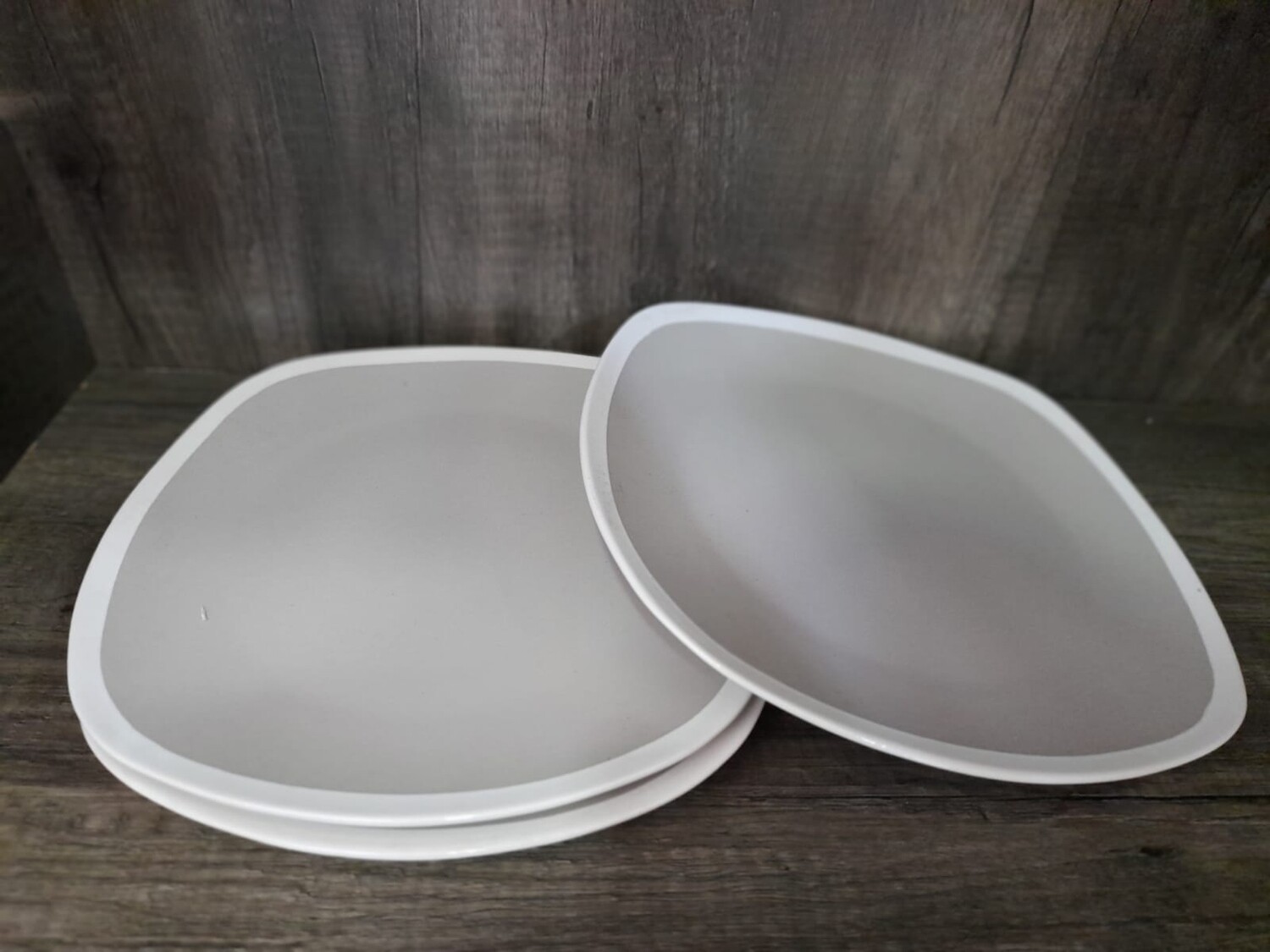 Ceramic 11&quot; square plates grey with white rim 6pcs KitchenPro