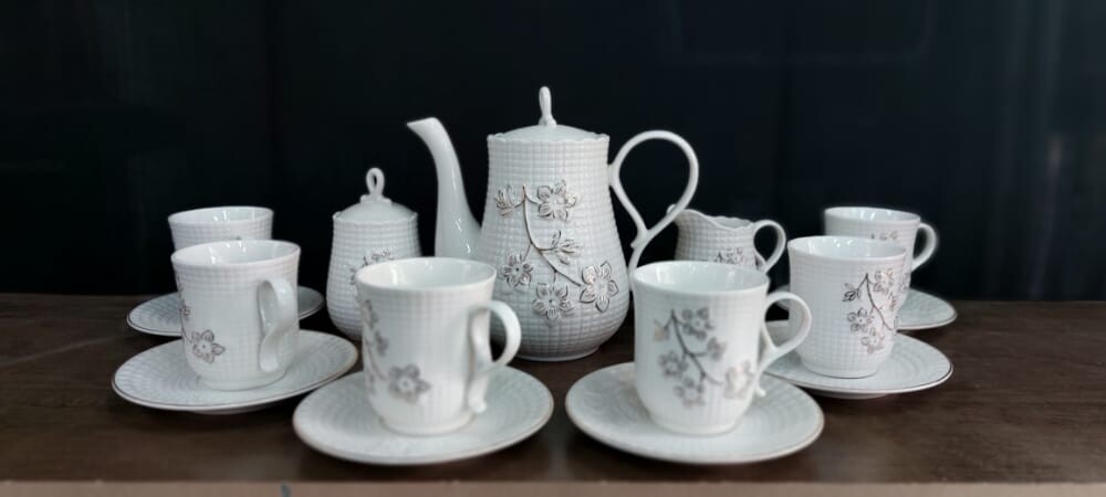 Amazingware Porcelain Tea Set - Tea Cup and Saucer Set Service for 6, with 28 oz Teapot Sugar Bowl Cream Pitcher
