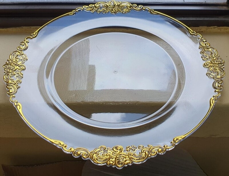 Acrylic Clear charger plates with gold rim 32cm. gift plate