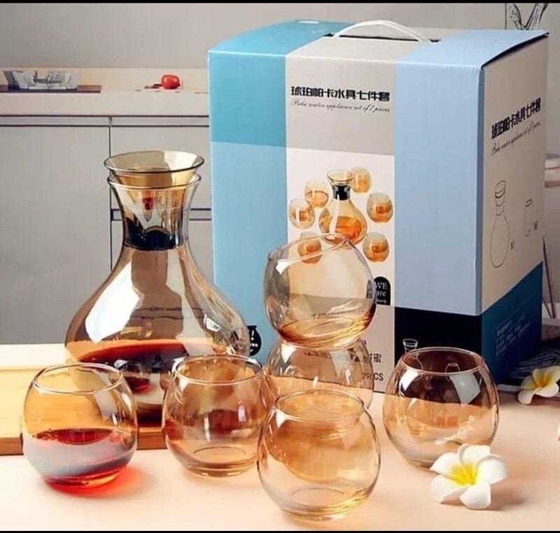 Deli 7pcs Gold Whisky Set: Decanter &amp; 6 Coloured Glasses