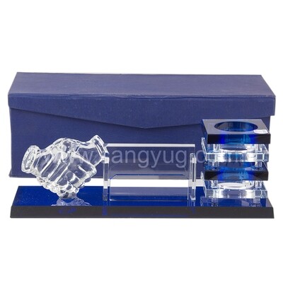Gift crystal deskset with hand shake, card holder & Blue transparent pen holder  29X8X8 CM