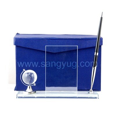 Gift crystal picture frame with glass world globe & pen holder & pen 12.5X21.5CM