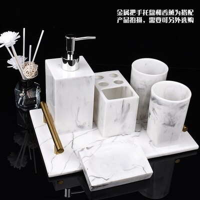 The fashion bathroom 5pcs marble set. 1 soap dispenser 400ml +2 tumblers 300ml +1 soap holder +1 toothbrush holder in fancy gift box