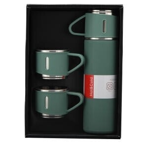 The Perfect Gift set unbreakable vacuum flask set with 2 cups. in a  gift bag. Flask 500ml, cups 160ML GREEN