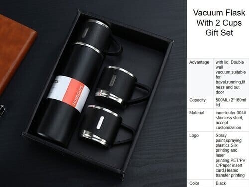 The Perfect Gift unbreakable vacuum flask set with 2 cups. in a gift bag. FLask 500ml, cups 160ML BLACK