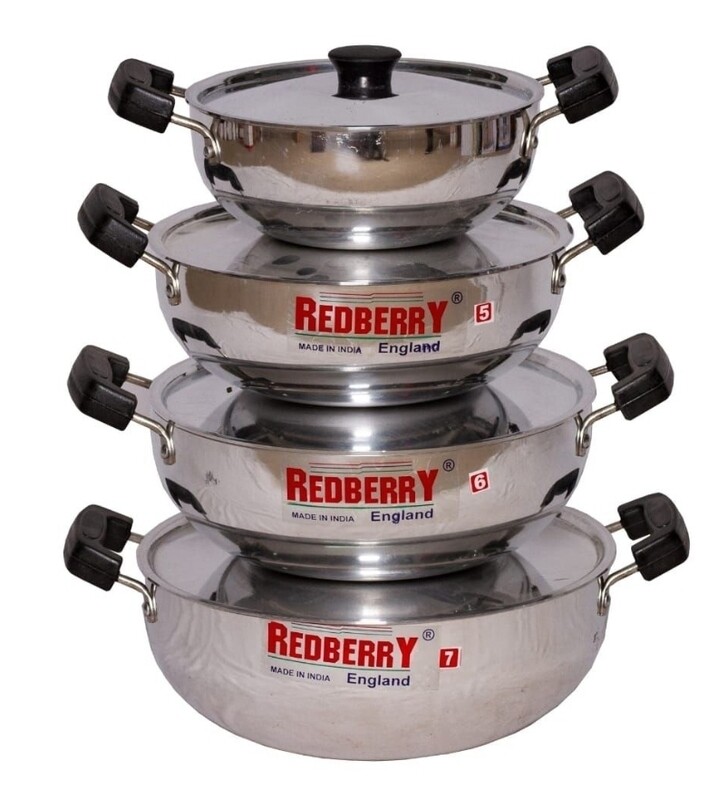 Redberry 4pcs Indian Kadai Set with Handles - Sizes 20cm, 24cm, 26cm, 28cm (4L, 5L, 6L, 7L) Belly Pots