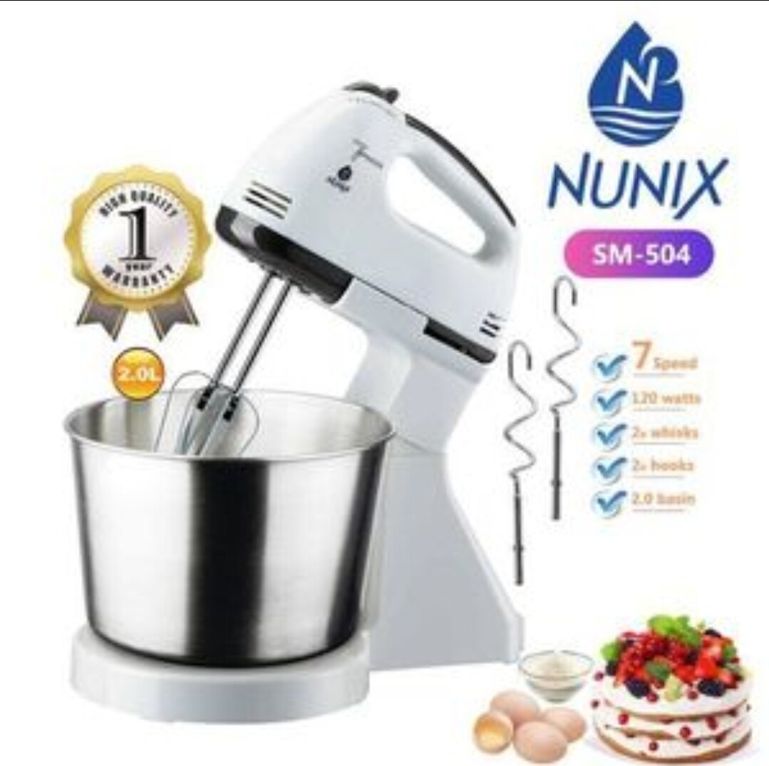 Nunix hand mixer with 2.0L bowl Stainless Steel Bowl, 7 Speed Control, Multipurpose Mixer for Whipping, Kneading & Egg Beating #SM-504