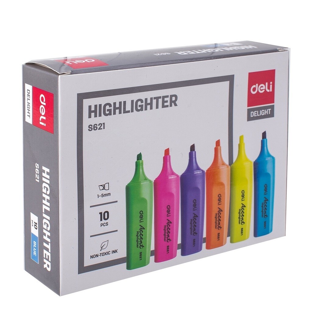 DELI S621 Accent Highlighter - Pack of 10 (Wholesale) - Choose Single Colour or Mix Colors (Blue, Pink, Purple, Green, Yellow, Orange)