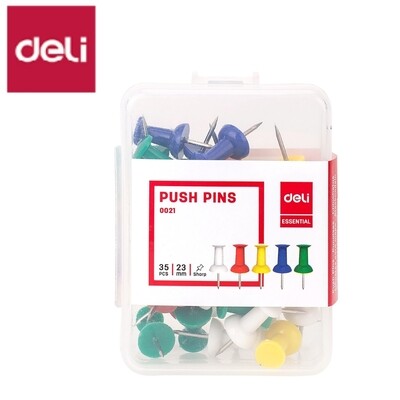 DELI E0021 plastic assorted colours push pins (MAP PINS) hangable PP PKT OF 35 PINS