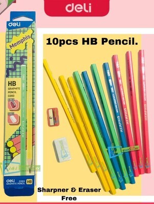 DELI C093 HB pencils with free sharpener & eraser PKT OF 10PCS