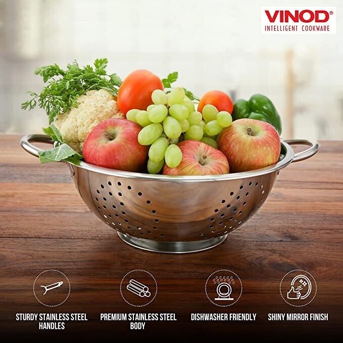 Vinod Stainless Steel Colander | 9.5 inches in Diameter | Dishwasher Friendly Strainer | Perforated Base | Suitable For Straining Fruits, 3QT Noodles, Pasta, Spaghetti | Steel Handles#1101767