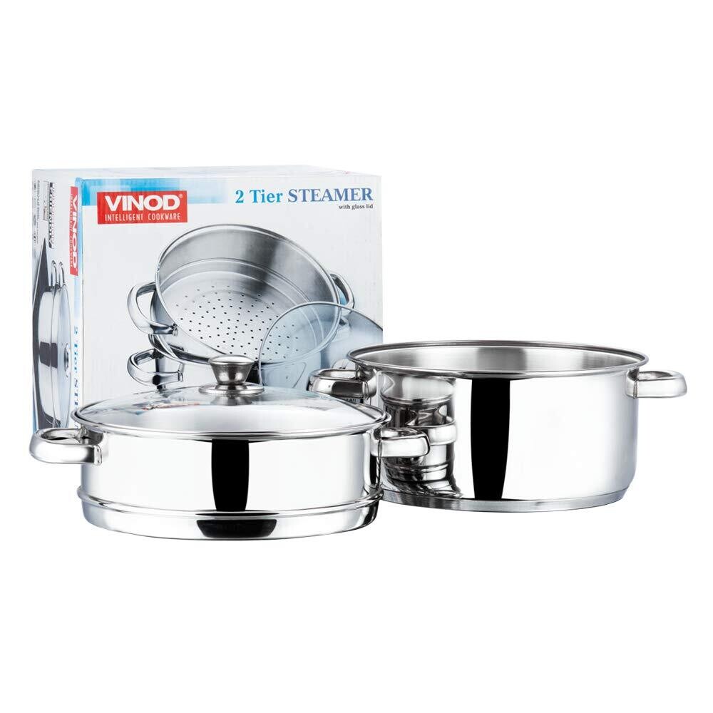 Vinod Stainless Steel 2 Tier Steamer with Glass Lid - 20 cm (Induction Friendly)