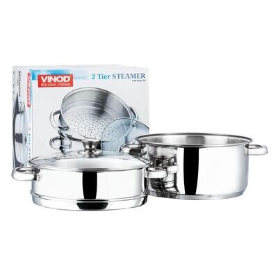 Vinod Stainless Steel 2 Tier Steamer with Glass Lid - 20 cm (Induction Friendly)