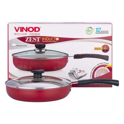 Vinod Zest Non-Stick Deep Frypan with Glass Lid 22cm Diamater, 3mm Thickness with Riveted Bakelite Handle (Induction and Gas Stove Compatible), PFOA Free - Red