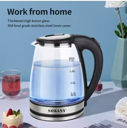 Sokany cordless electric kettle 2L 1500W transparent S-1029