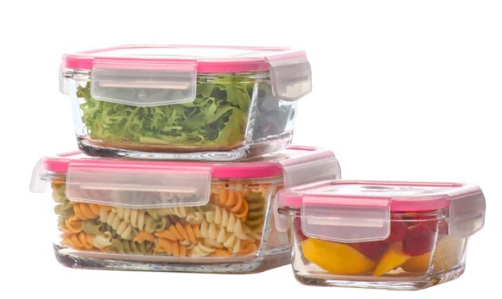LAV Fresco 3-Piece Glass Food Storage Containers Set with Pink Locking Lids