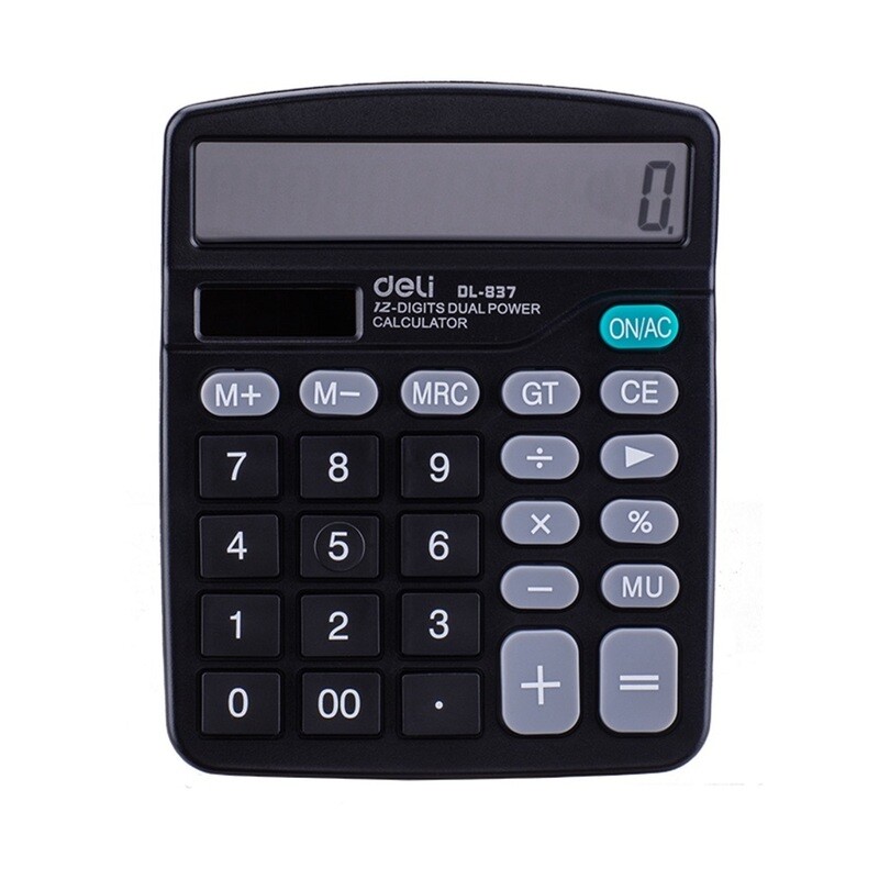 DELI Calculator,12 Digit Large LCD Display and Sensitive Button, Solar Battery Dual Power  Black E837