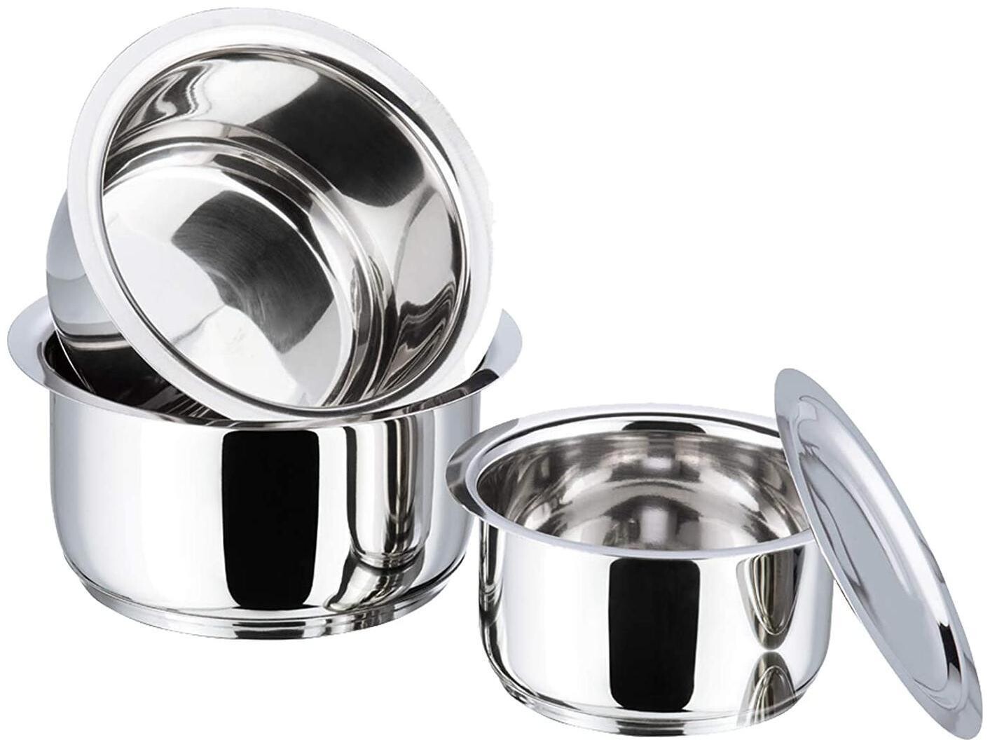 Vinod Cookware Stainless Steel Induction Capsule Bottom Tope with lids, Set of 5, Silver. size 10-14 stainless steel cooking pots