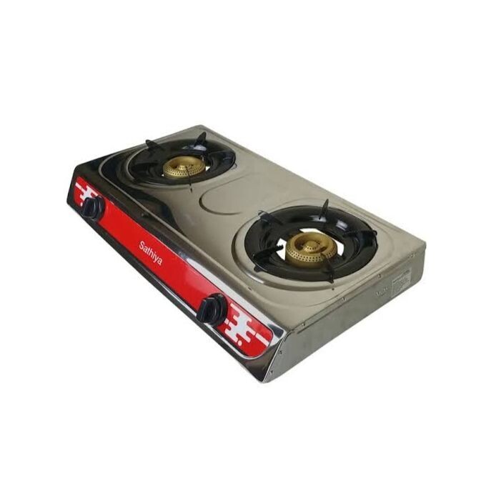 Sathiya Stainless Steel Auto Ignition Table Top 2 Stove Burner Gas Cooke r with regulator &amp; gas pipe