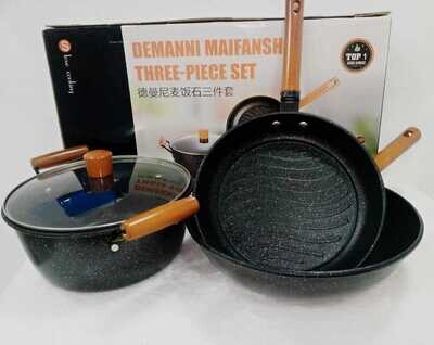 Damanni 3pcs cooking pots set pot 26cm, grill pan 26cm, wok pan 30cm, + lid26cm Damanni 3pcs cooking pots set pot 26cm, grill pan 26cm, wok pan 30cm, + lid26cm