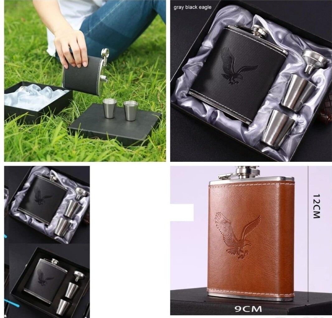 Generic Stainless Steel Leather Whisky Bottle Hip Flask + 2 Tot Cups BLACK