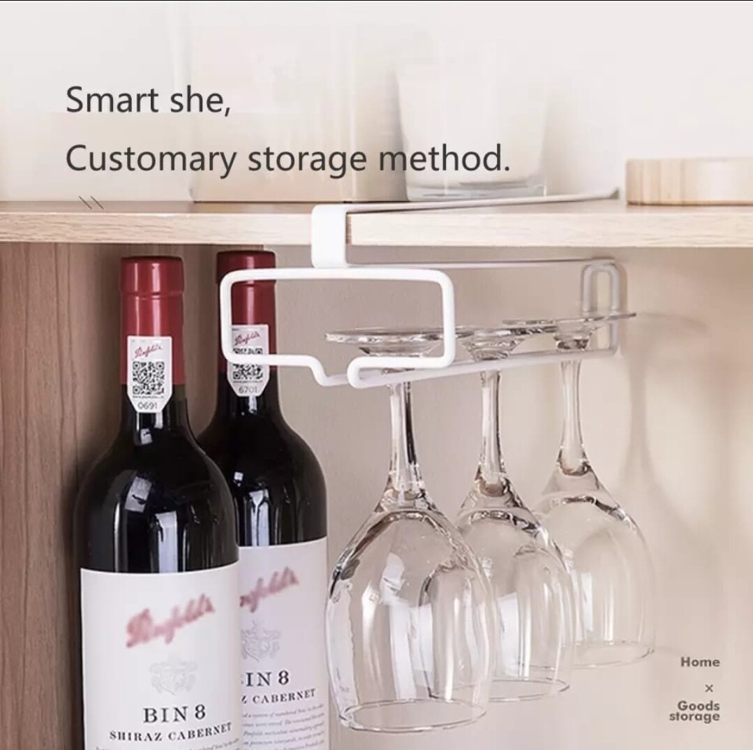 Wine glass holder under the shelf. Can hold different shapes of glasses