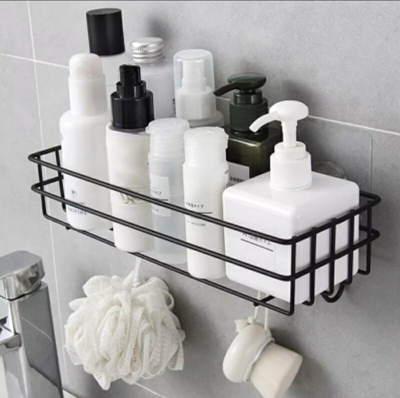 Punch free metallic storage organizer rack. Bathroom non perforated organizer to hold shampoo face towel, shower gel. BLACK Punch free metallic storage organizer rack. Bathroom non perforated organizer to hold shampoo face towel, shower gel. BLACK