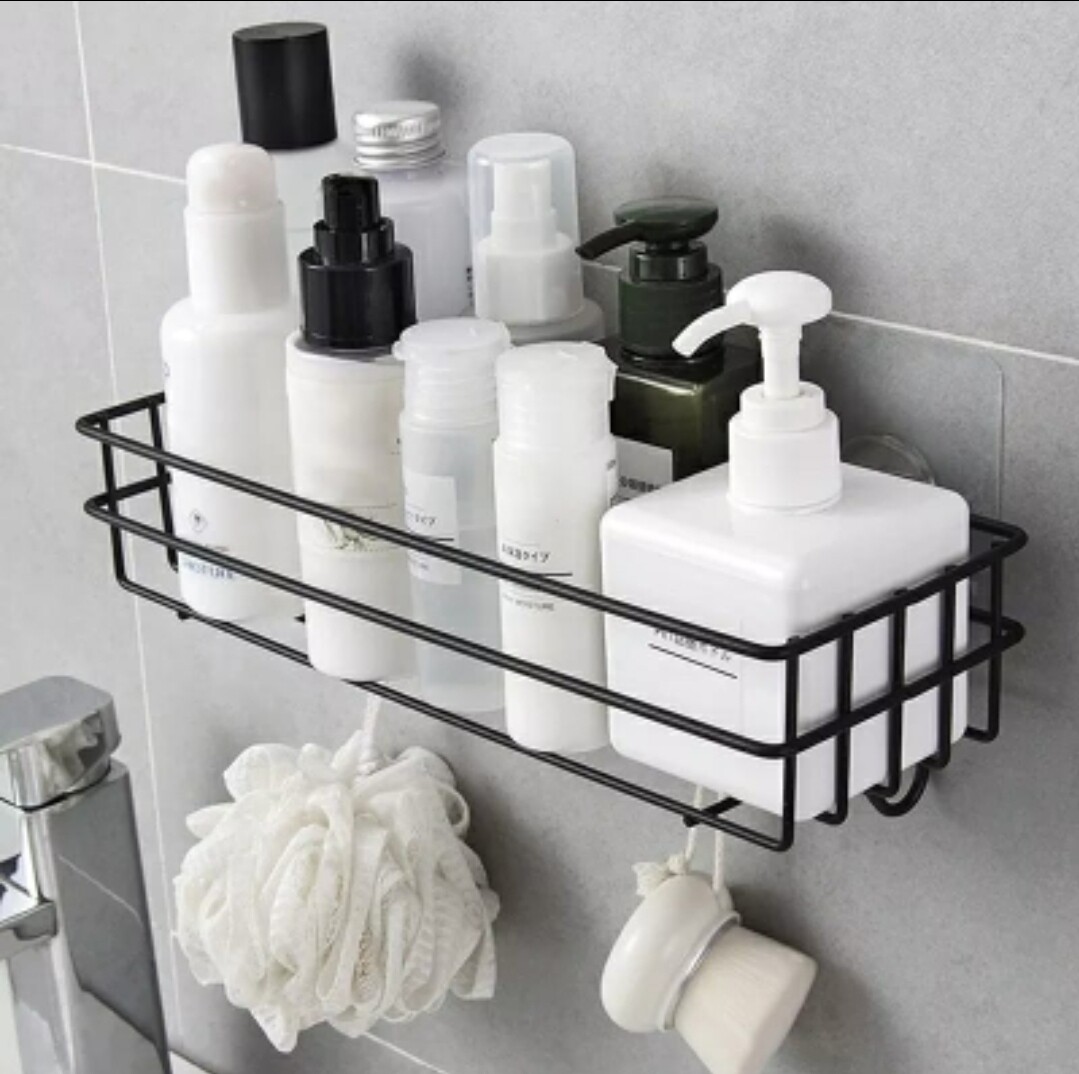 Punch free metallic storage organizer rack. Bathroom non perforated organizer to hold shampoo face towel, shower gel. BLACK