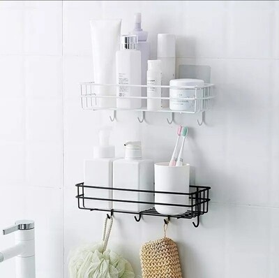 Punch free metallic storage organizer rack. Bathroom non perforated organizer to hold shampoo face towel, shower gel. WHITE
