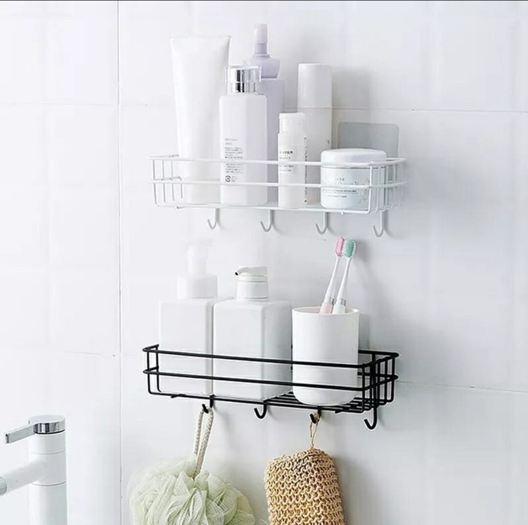 Punch free metallic storage organizer rack. Bathroom non perforated organizer to hold shampoo face towel, shower gel. WHITE