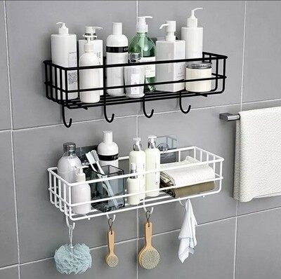 Punch free metallic storage organizer rack. Bathroom non perforated organizer to hold shampoo face towel, shower gel