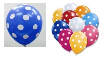 Round balloon standard and pastel 12" assorted colours with silkscreen printing "DOTS", 50PCS PKT