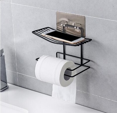 Toilet Paper Holder, with Phone Shelf for All Mobile Phone, Wall Double layer bathroom organizer with strong adhesive. Top phone holder bottom tissue roll holder