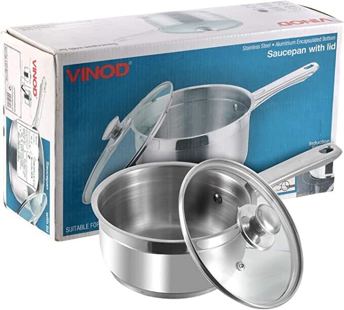 Vinod Stainless Steel Cooking Pot Sauce pan,16cm,1.5L with Glass Lid