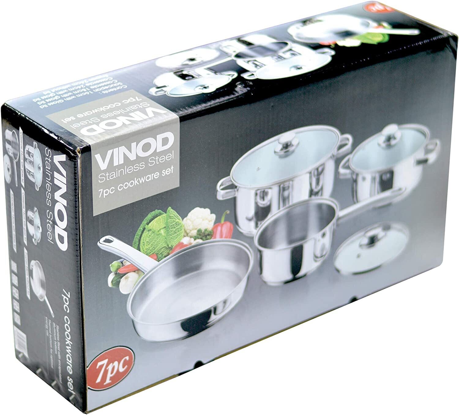 Vinod 7pc Stainless Steel Cookware Set (Frypan/Sauce Pan 2 Cooking Pots w/Glass Lid), Medium, Silver